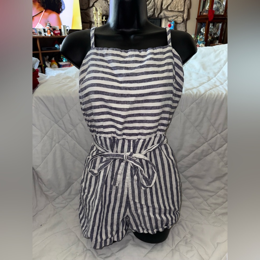 C&C California 100% Linen Blue White Striped Short Playsuit Romper
